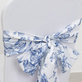 6"x108" White Blue French Toile Polyester Chair Sashes, Elegant Chair Ties for Weddings, Parties, Banquets