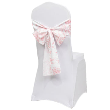 Polyester Chair Sashes White/Pink French Toile Floral Design - Wrinkle-Resistant & Durable Chair Bows 6"x108"