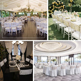 Elegant event table settings with white and gold decor in various venue styles.