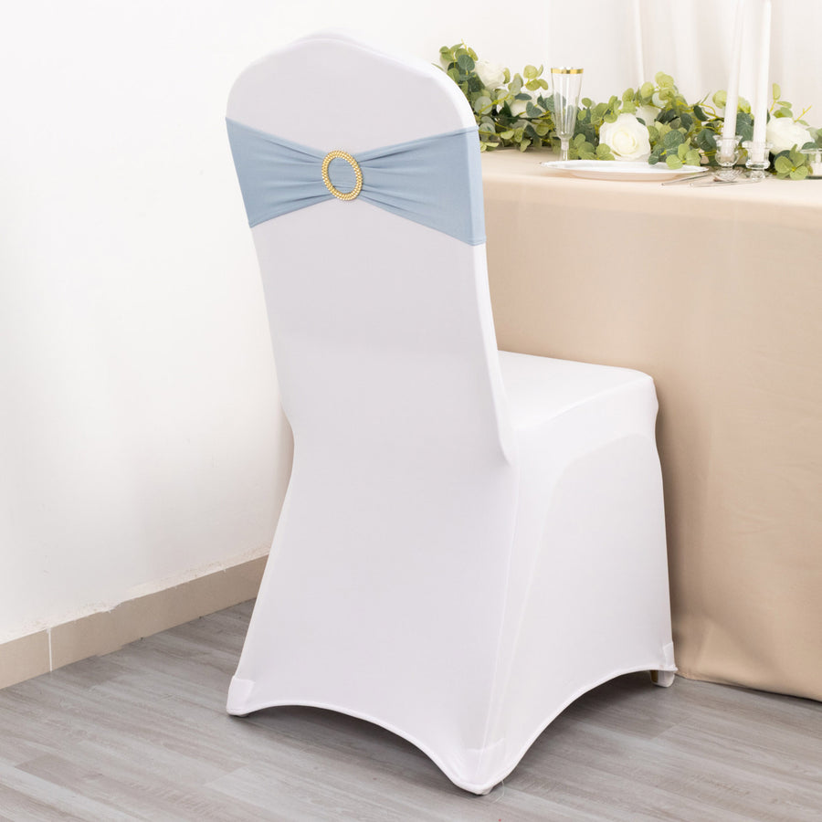 5 Pack Dusty Blue Spandex Chair Sashes with Gold Diamond Buckles, Elegant Stretch Chair Bands