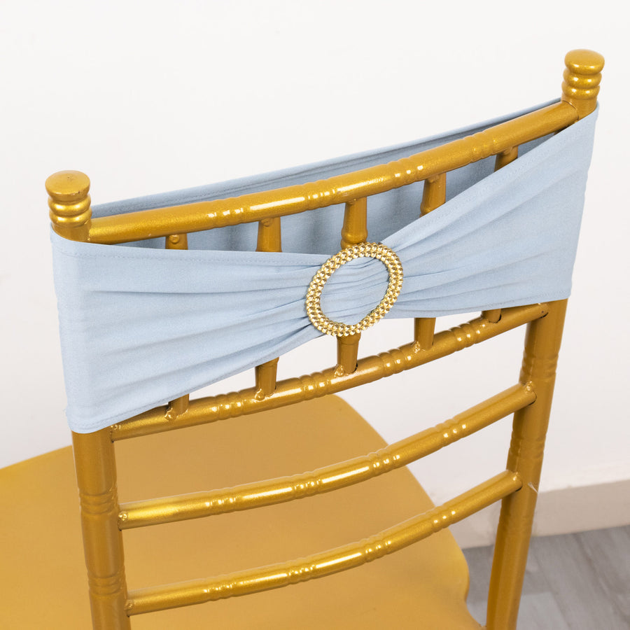 5 Pack Dusty Blue Spandex Chair Sashes with Gold Diamond Buckles, Elegant Stretch Chair Bands