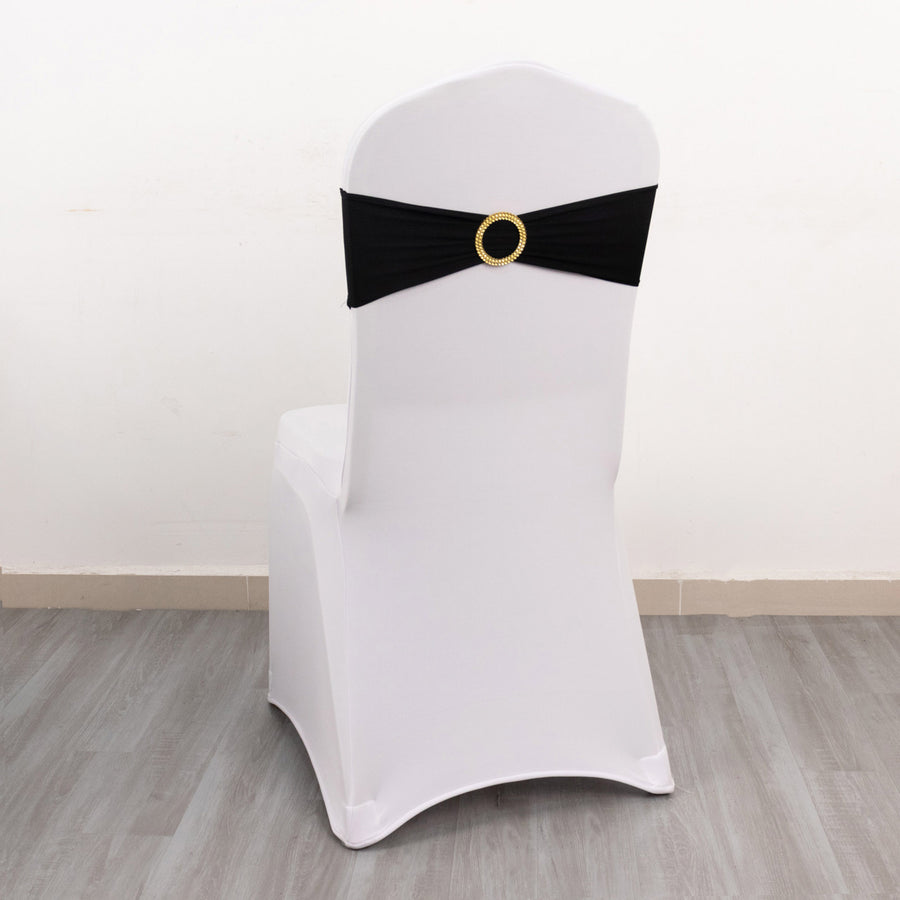 5 Pack Black Spandex Chair Sashes with Gold Diamond Buckles, Elegant Stretch Chair Bands and Slide