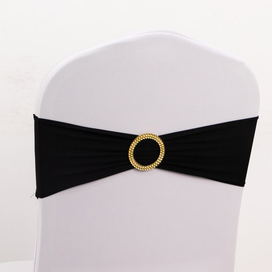 5 Pack Black Spandex Chair Sashes with Gold Diamond Buckles, Elegant Stretch Chair Bands and Slide