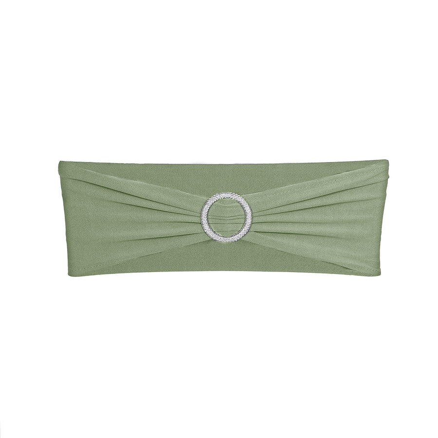 5 Pack Eucalyptus Sage Green Spandex Stretch Chair Sashes with Silver Diamond Ring Slide Buckle