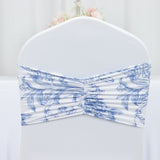 5 Pack Wide Spandex Chair Sashes in White Blue French Toile – Stylish Ruffled Chair Bands 8x13inch