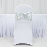5 Pack Wide Spandex Chair Sashes in White Dusty Sage Green French Toile – Stylish Ruffled Chair Band
