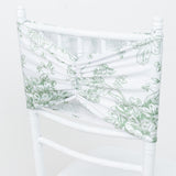 5 Pack Wide Spandex Chair Sashes in White Dusty Sage Green French Toile – Stylish Ruffled Chair Band