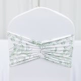 5 Pack Wide Spandex Chair Sashes in White Dusty Sage Green French Toile – Stylish Ruffled Chair Band