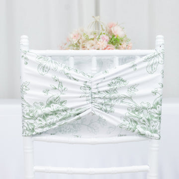 5 Pack Wide Spandex Chair Sashes in White Dusty Sage Green French Toile – Stylish Ruffled Chair Bands - 8"x13"