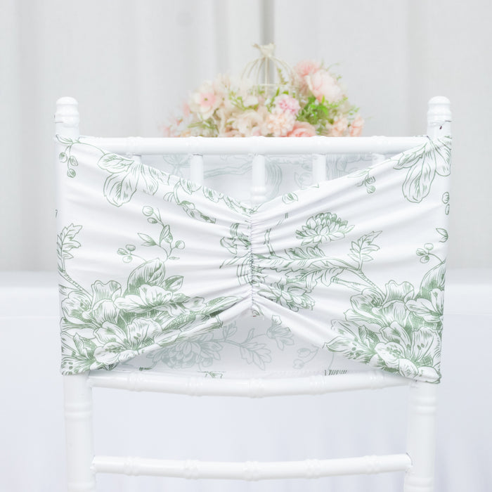 5 Pack Wide Spandex Chair Sashes in White Dusty Sage Green French Toile – Stylish Ruffled Chair Band