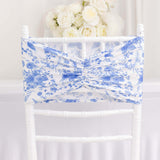 5 Pack White Blue Wide Ruffled Spandex Chair Sash Band in French Toile Floral Pattern