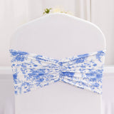 5 Pack White Blue Wide Ruffled Spandex Chair Sash Band in French Toile Floral Pattern