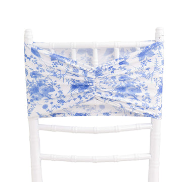 5 Pack Spandex Chair Sashes White/Blue French Toile Floral Pattern - Vintage-Inspired Wide Wrinkle-Free Stretchable Chair Bands 8"x13"