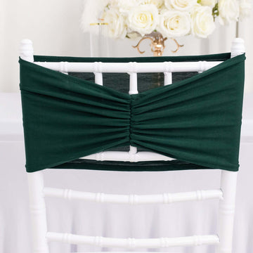 5 Pack Hunter Emerald Green Wide Ruffled Fitted Spandex Chair Sash Band - 8"x13"