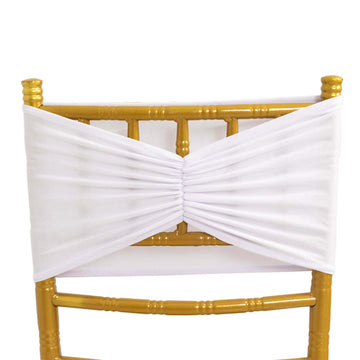 5 Pack White Wide Ruffled Fitted Spandex Chair Sash Band - 8"x13"