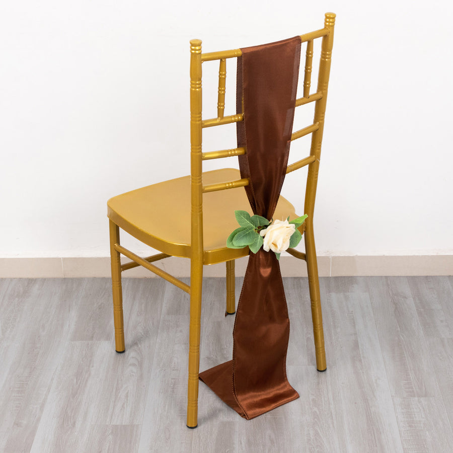 5 Pack Cinnamon Brown Satin Chair Sashes, Chair Bows - 6x106inch