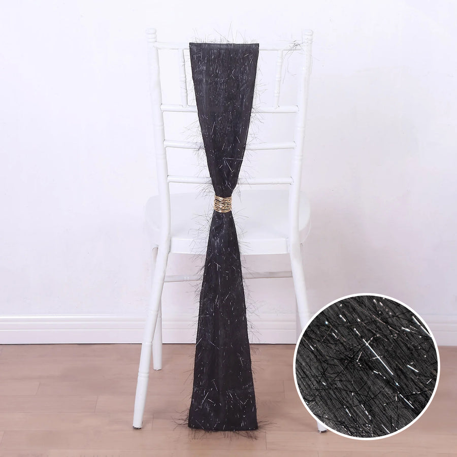 5 Pack Black Metallic Fringe Shag Tinsel Chair Sashes, Shimmery Polyester Chair Sashes