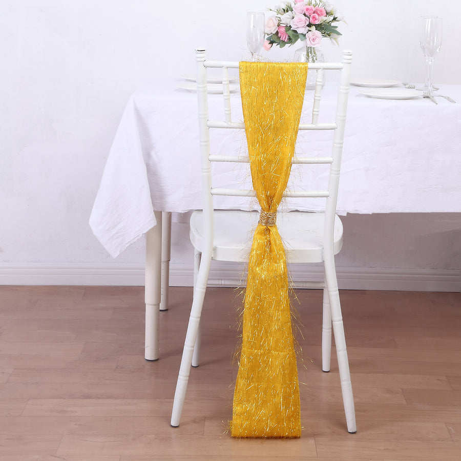 5 Pack Gold Metallic Fringe Shag Tinsel Chair Sashes, Shimmery Polyester Chair Sashes