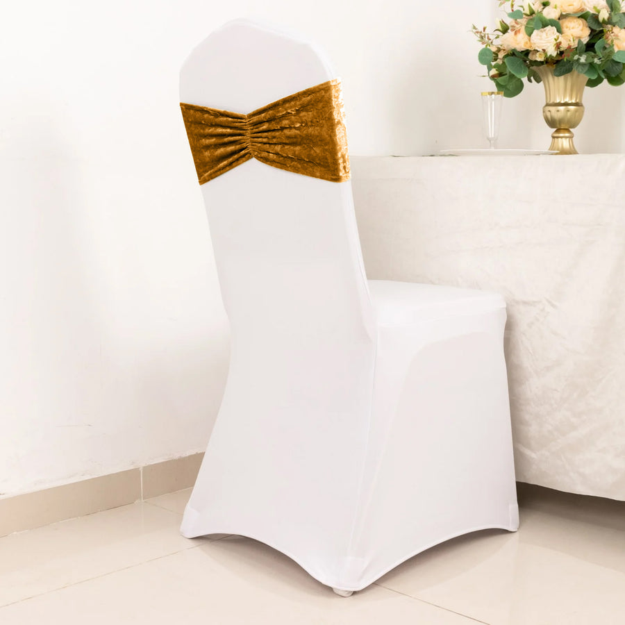 5 Pack Gold Premium Crushed Velvet Ruffle Chair Sash Bands, Decorative Wedding Chair Sashes