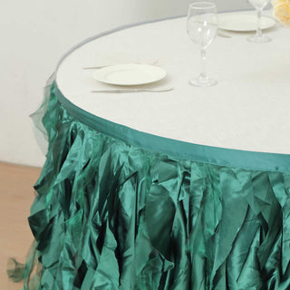 Add a Touch of Glamour with our 14ft Hunter Emerald Green Curly Willow Taffeta Table Skirt