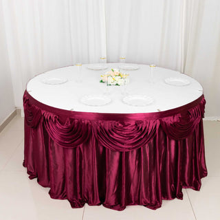 Enhance Your Event with the 14ft Burgundy Pleated Satin Double Drape Table Skirt