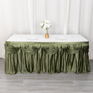 Elevate Your Event Decor with the 14ft Dusty Sage Green Pleated Satin Double Drape Table Skirt