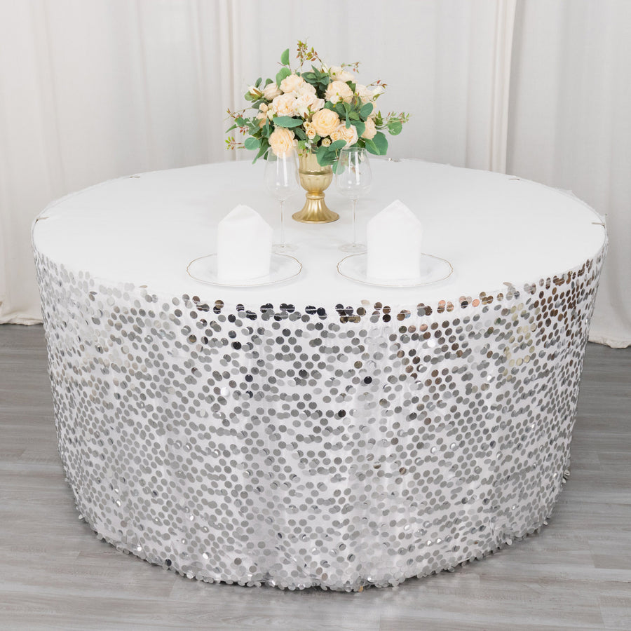 21ft Silver Premium Big Payette Sequin Dual Layered Satin Table Skirt