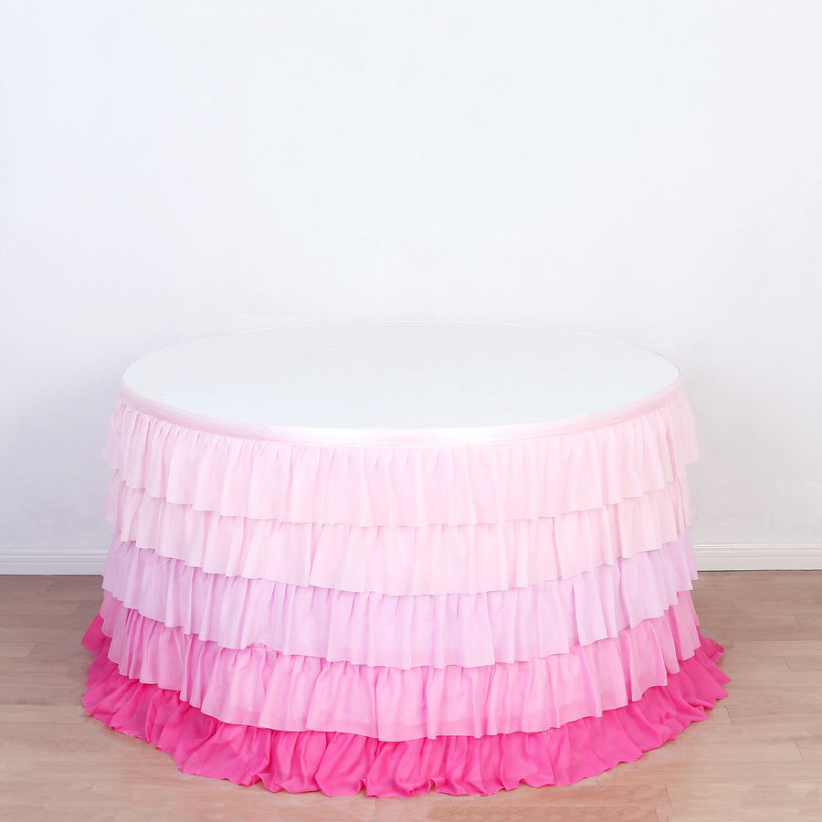 14ft Ombre Pink Chiffon Ruffled Tutu Table Skirt with Satin Backing, 5-Tier Gradient