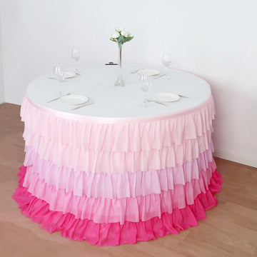 14ft Ombre Pink Chiffon Ruffled Tutu Table Skirt with Satin Backing, 5-Tier Gradient Table Skirting