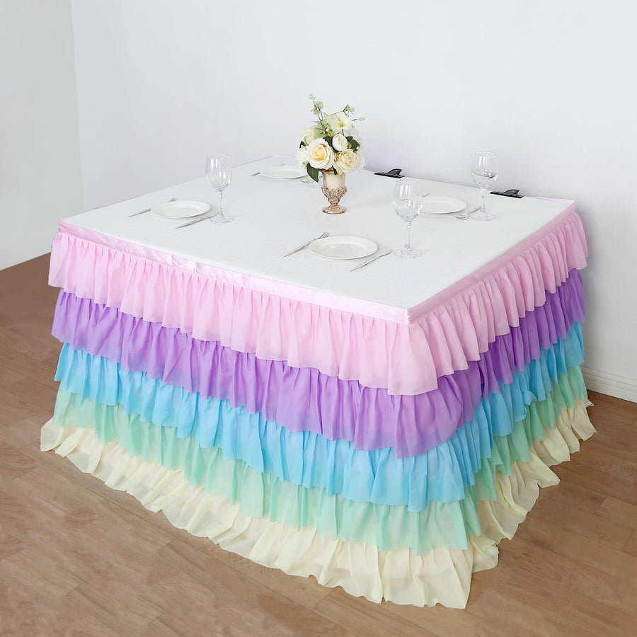 14ft Rainbow Chiffon Ruffled Tutu Table Skirt with Satin Backing, 5-Tier Gradient Unicorn Themed