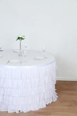 14ft 5-Tier White Chiffon Ruffled Tutu Wedding Table Skirt with Satin Backing