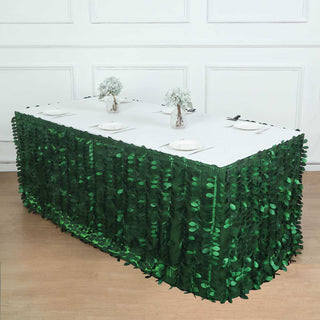 Elevate Your Event with Green 3D Leaf Petal Taffeta Fabric Table Skirt