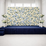 Floral backdrop with blue and white flowers for event decoration.
