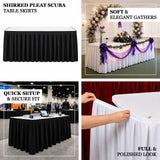 Shirred pleat scuba table skirt with soft gathers for elegant event and display table styling.