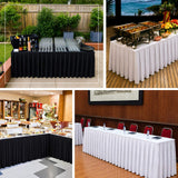 Scuba table skirts in black and white for buffet, banquet, and conference table setups.