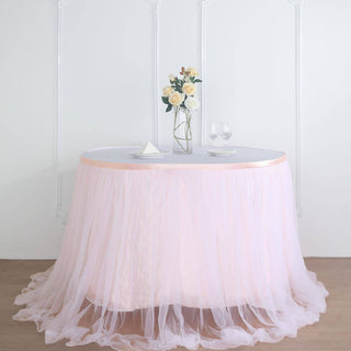 Create Unforgettable Memories with the Blush White Extra Long 48" Two Layered Tulle and Satin Table Skirt