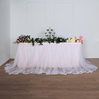 Add Elegance to Your Event with the Blush White 17ft Two Layered Tulle and Satin Table Skirt