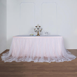 Add Elegance to Your Event with the 21ft Blush White Extra Long 48" Two Layered Tulle and Satin Table Skirt