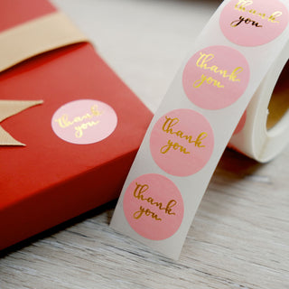 1" Thank You Gold Foil Text On Pink Stickers Roll Décor