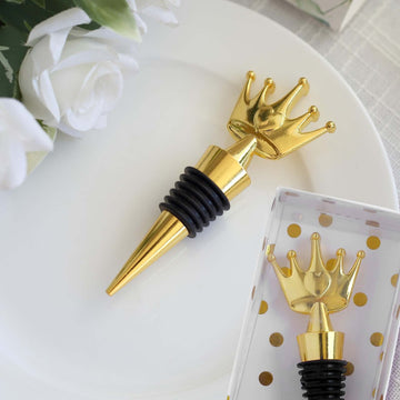 4" Gold Metal Princess Crown Wine Bottle Stopper Party Favor with Clear Gift Box, Thank You Tag and Ribbon