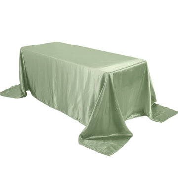 90"x132" Sage Green Satin Seamless Rectangular Tablecloth for 6 Foot Table With Floor-Length Drop
