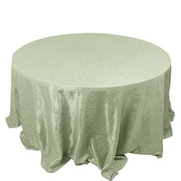 132" Sage Green Seamless Accordion Crinkle Taffeta Round Tablecloth for 6 Foot Table With Floor-Length Drop