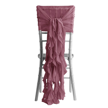 1 Set Mauve / Cinnamon Rose Chiffon Hoods With Ruffles Willow Chair Sashes