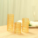 Set of 3 Amber Gold Glass Taper Candle Stick Stand with Gemstone Pattern