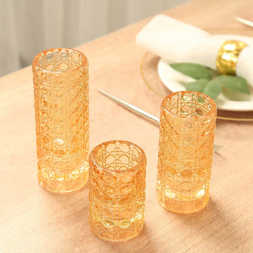 Set of 3 Amber Gold Glass Taper Candle Stick Stand with Gemstone Pattern, Dual Sided Crystal Cylinder Tealight Candle Holders - 3",4",5.5"