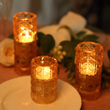 Set of 3 Amber Gold Glass Taper Candle Stick Stand with Gemstone Pattern