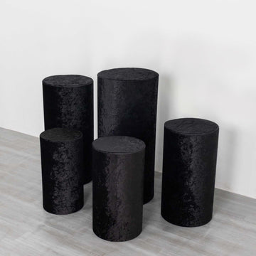 Set of 5 Black Crushed Velvet Cylinder Pillar Prop Covers, Premium Pedestal Plinth Display Box Stand Covers