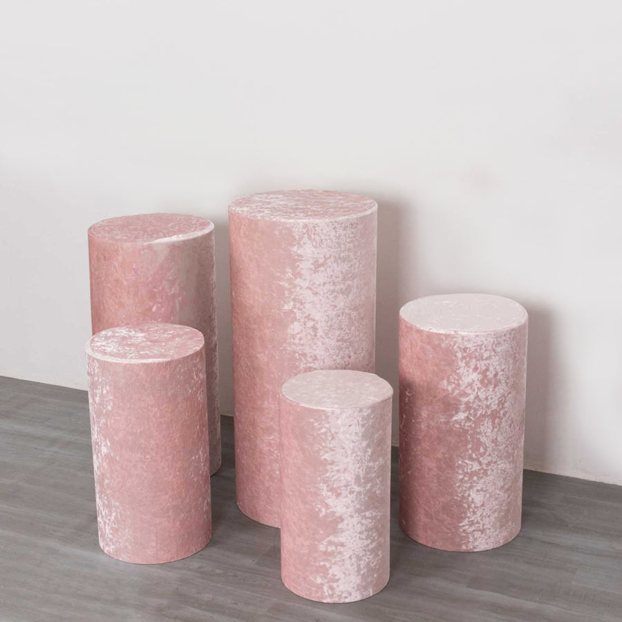 Set of 5 Blush Crushed Velvet Cylinder Pillar Prop Covers, Premium Pedestal Plinth Display Box Stand