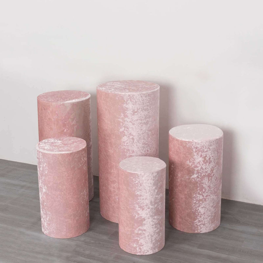 Set of 5 Blush Crushed Velvet Cylinder Pillar Prop Covers, Premium Pedestal Plinth Display Box Stand