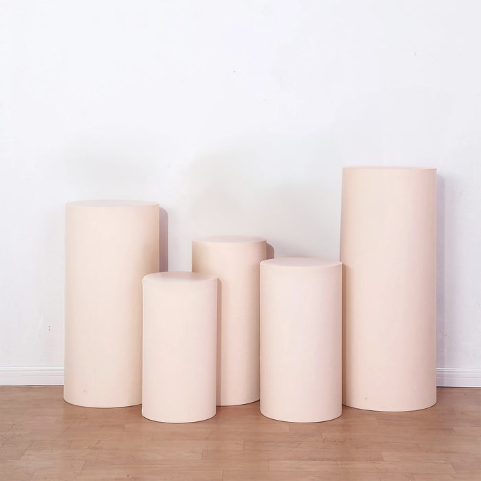 Set of 5 Blush Rose Gold Cylinder Stretch Fitted Pedestal Pillar Prop Covers
